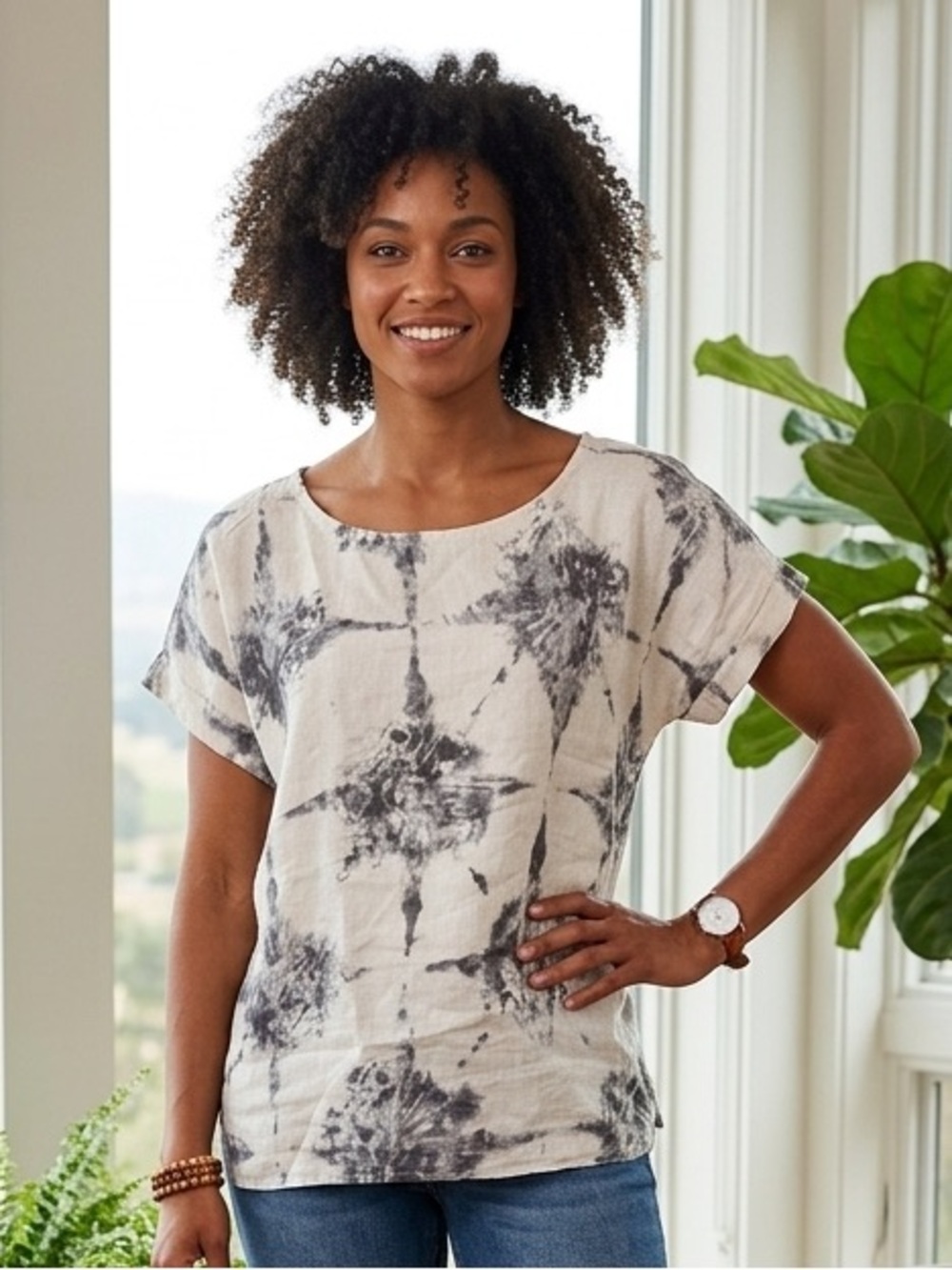 Bellambra 100% Linen Shibori Tie & Dye Top Blouse Cream Grey Boho Vacation